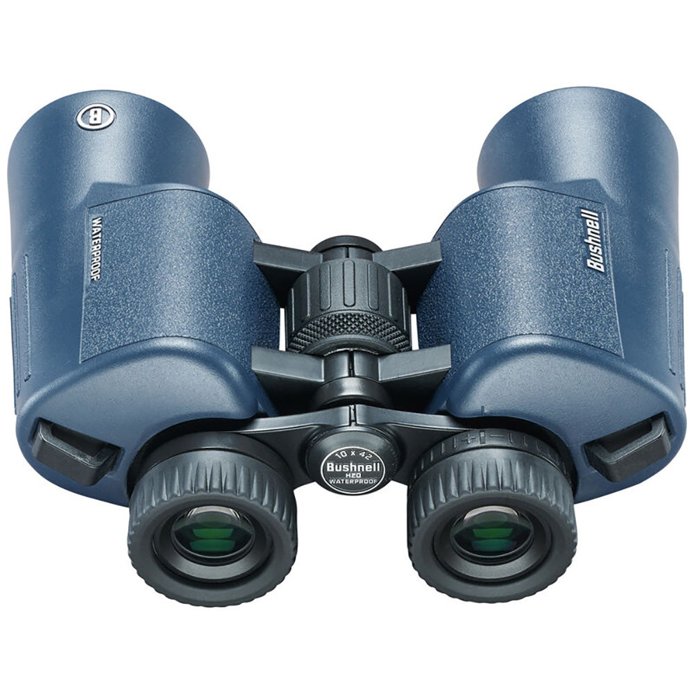 A pair of Bushnell 12x42mm H2O Binocular - Dark Blue Porro WP-FP Twist Up Eyecups on a white background.