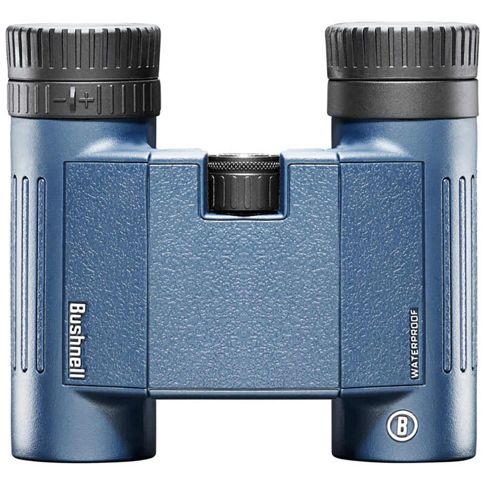 A pair of Bushnell 12x25mm H2O Binocular - Dark Blue Roof WP-FP Twist Up Eyecups on a white background.