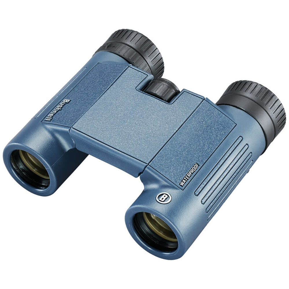 A pair of Bushnell 12x25mm H2O Binocular - Dark Blue Roof WP-FP Twist Up Eyecups on a white background.