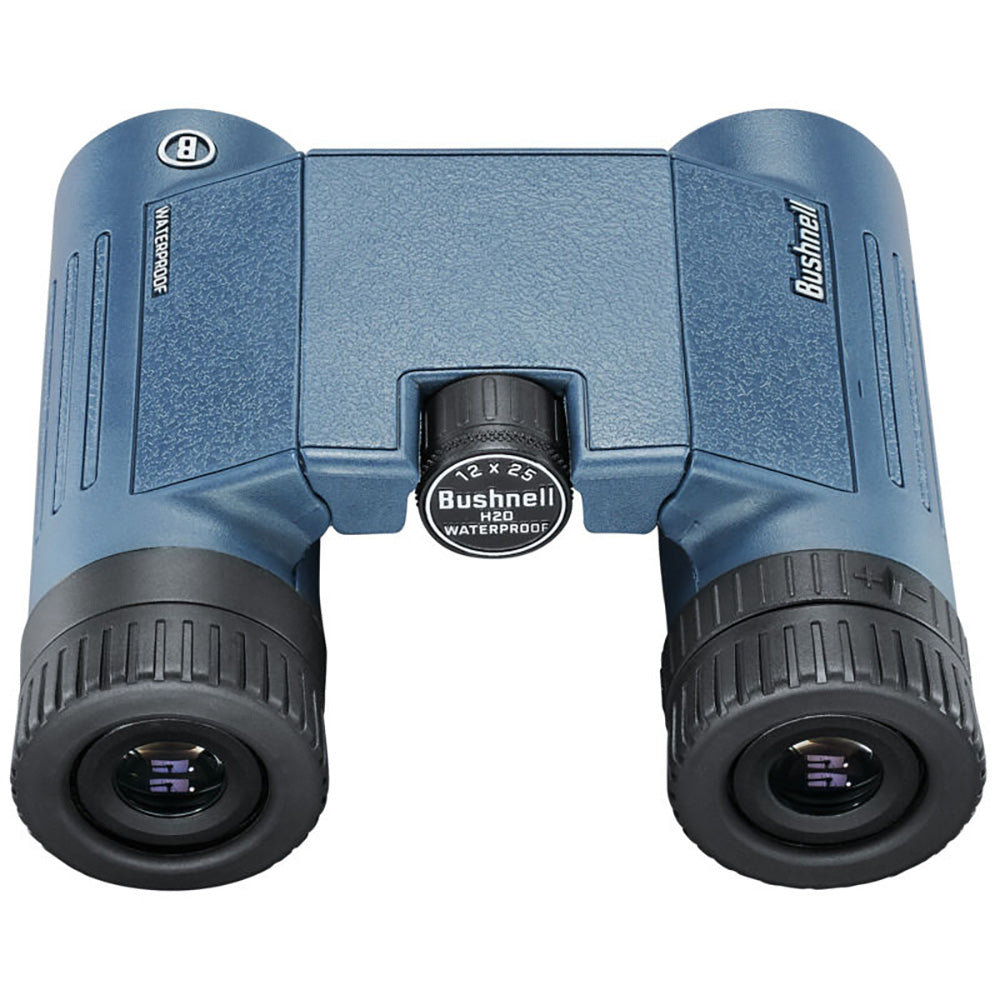 A pair of Bushnell 12x25mm H2O Binocular - Dark Blue Roof WP-FP Twist Up Eyecups on a white background.