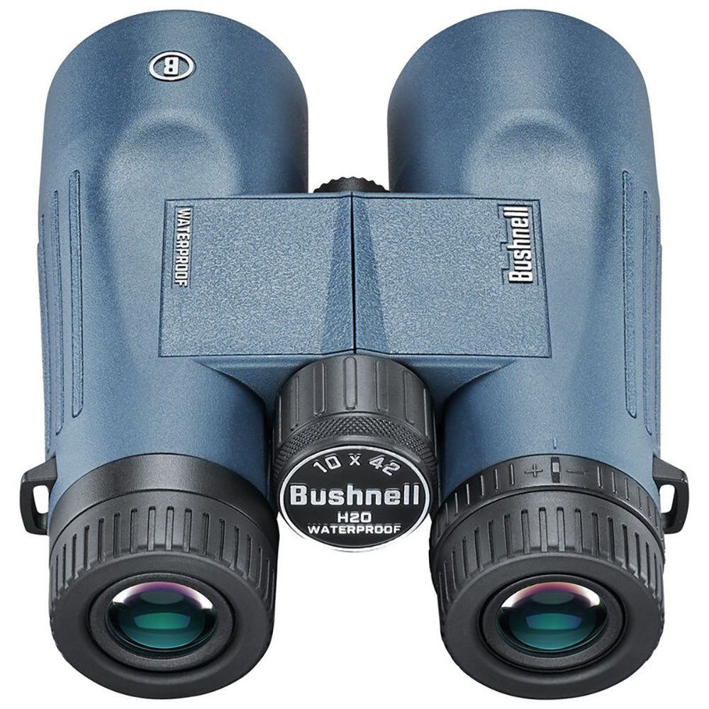 A pair of Bushnell 10x42mm H2O Binocular - Dark Blue Roof WP-FP Twist Up Eyecups on a white background.