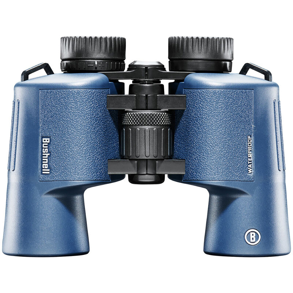 A pair of Bushnell 10x42mm H2O Binocular - Dark Blue Porro WP-FP Twist Up Eyecups on a white background.