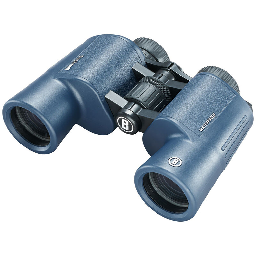 A pair of Bushnell 10x42mm H2O Binocular - Dark Blue Porro WP-FP Twist Up Eyecups on a white background.
