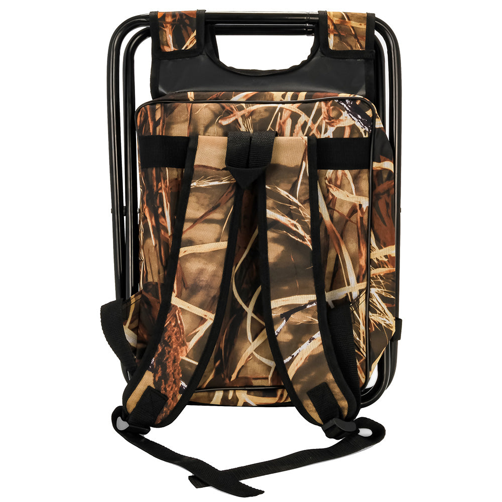 A Camco Camping Stool Backpack Cooler - Camouflage with a bag on it.
