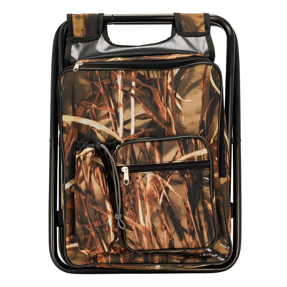 A Camco Camping Stool Backpack Cooler - Camouflage with a bag on it.