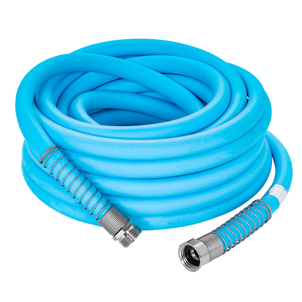 A Camco EvoFlex 75' RV-Marine Drinking Water Hose - 5-8" ID on a white background.