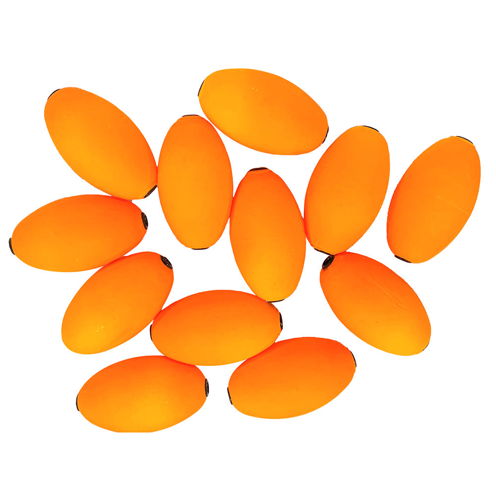 A group of Tigress Oval Kite Floats - Orange *12-Pack shaped beads on a white background.