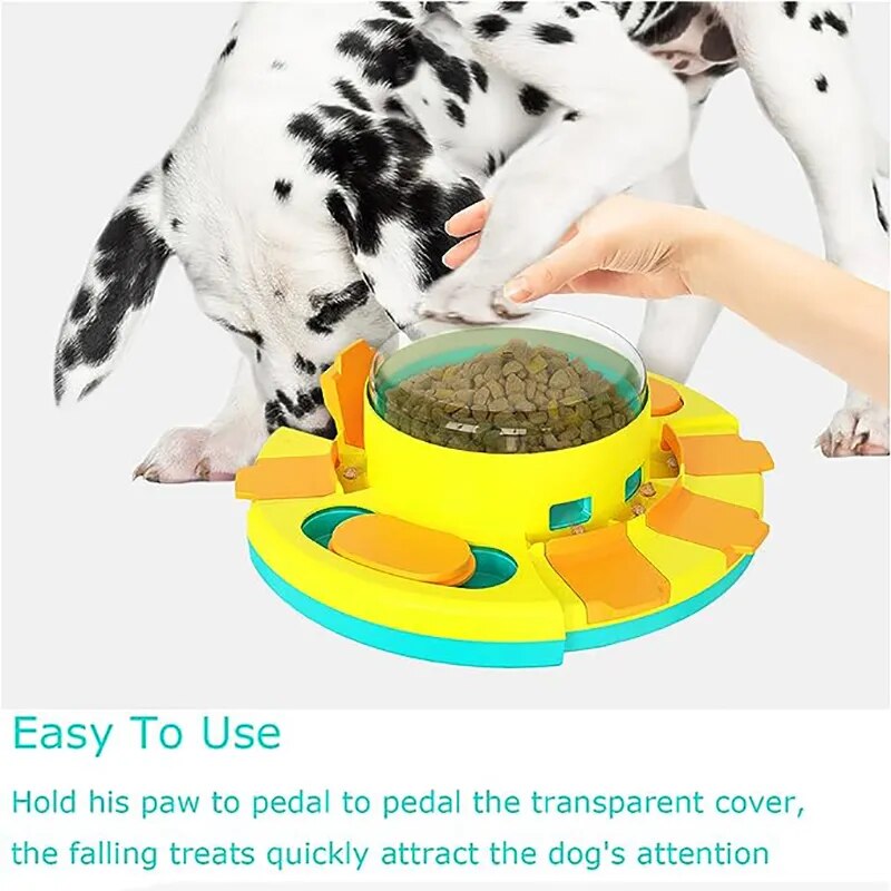 A SmartyPaws: Pooch Puzzle Treat Dispenser with a yellow and blue design that entertains.