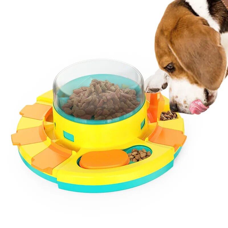 A SmartyPaws: Pooch Puzzle Treat Dispenser with a yellow and blue design that entertains.
