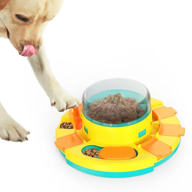 A SmartyPaws: Pooch Puzzle Treat Dispenser with a yellow and blue design that entertains.