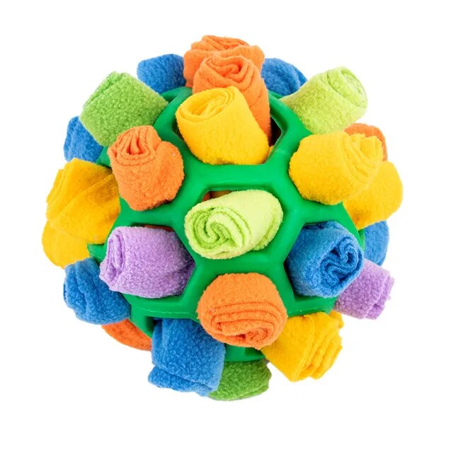 A dog is engaging with a Pup's Funtime Interactive Snuffle Ball.