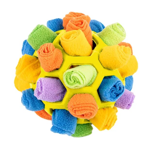 A dog is engaging with a Pup's Funtime Interactive Snuffle Ball.