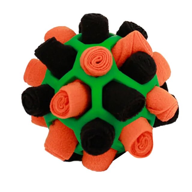 A dog is engaging with a Pup's Funtime Interactive Snuffle Ball.