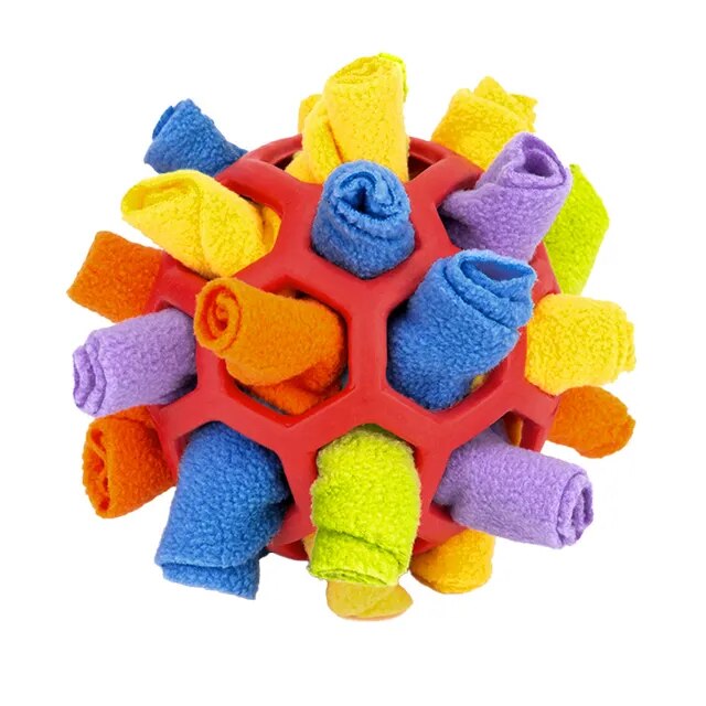 A dog is engaging with a Pup's Funtime Interactive Snuffle Ball.