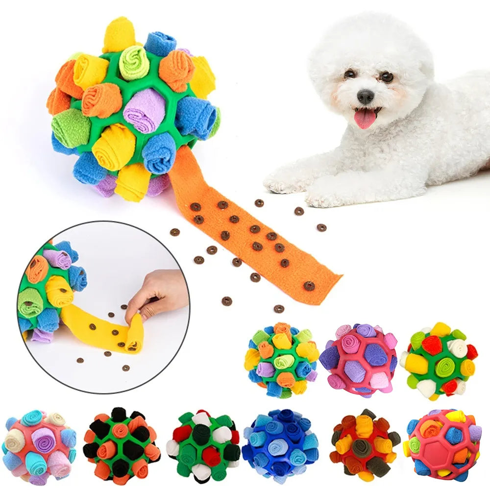 A dog is engaging with a Pup's Funtime Interactive Snuffle Ball.