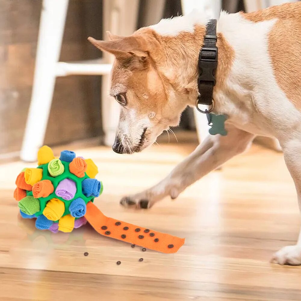A dog is engaging with a Pup's Funtime Interactive Snuffle Ball.