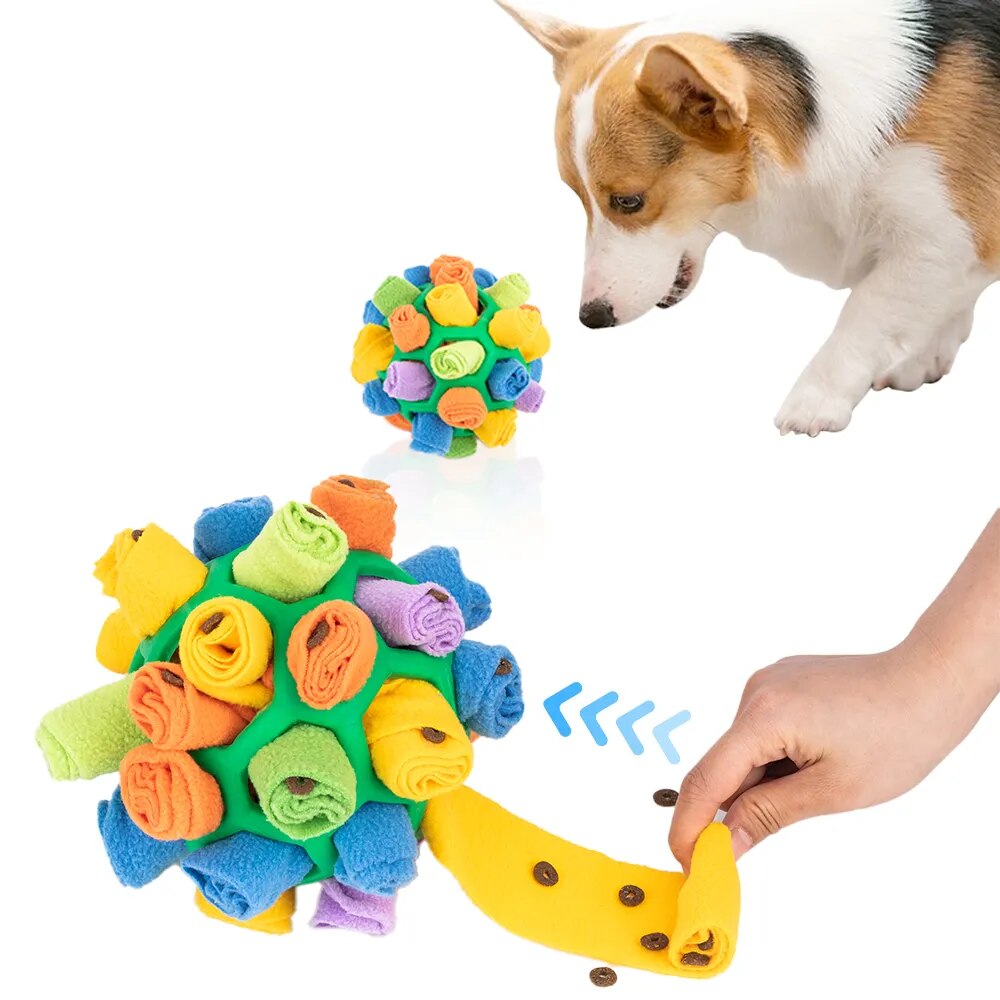 A dog is engaging with a Pup's Funtime Interactive Snuffle Ball.