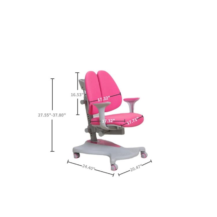 A Smiley Ergonomic Height Adjustable Kids Chair (Pink) with wheels in a room.