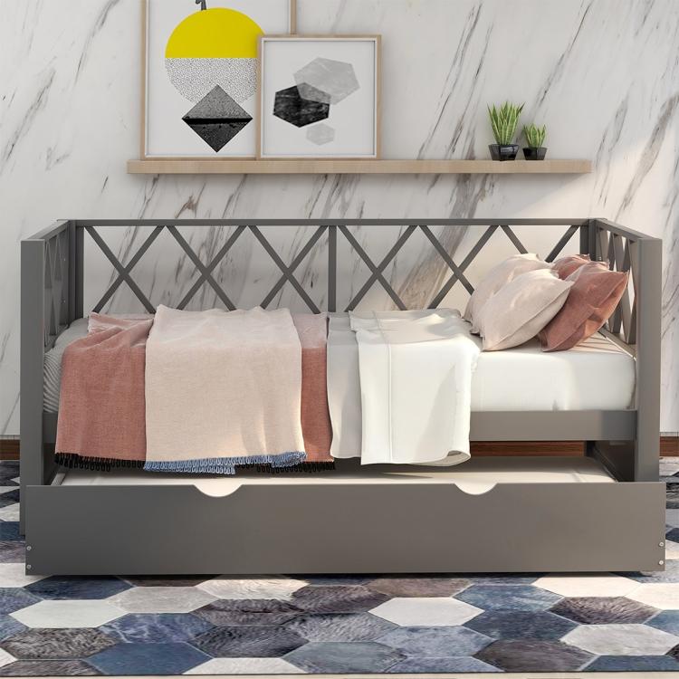 A ModernMazing X-shaped Backrest Wooden Sofa Bed with Casters, Size: 80.5x42.1x38.9 inch(Grey) with a storage drawer.