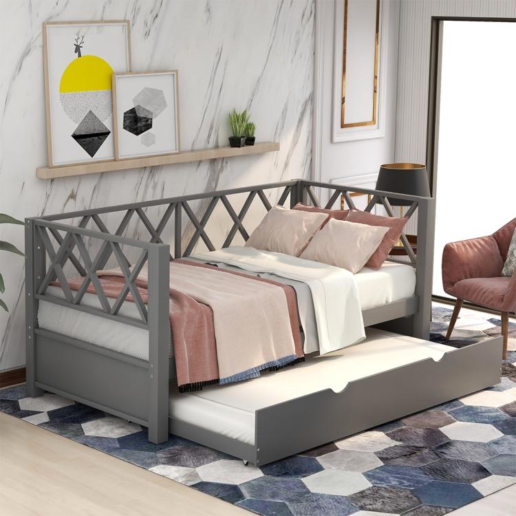 A ModernMazing X-shaped Backrest Wooden Sofa Bed with Casters, Size: 80.5x42.1x38.9 inch(Grey) with a storage drawer.