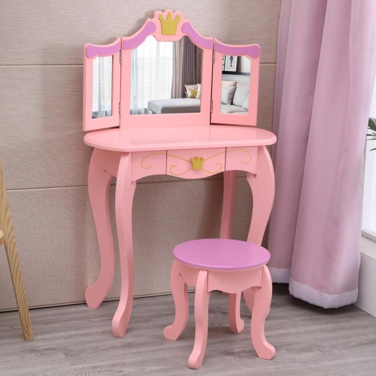 A ModernMazing Children Three Foldable Mirrors Curved Legs Single Drawer Dressing Table, Table Size vanity set with a mirror and stool.