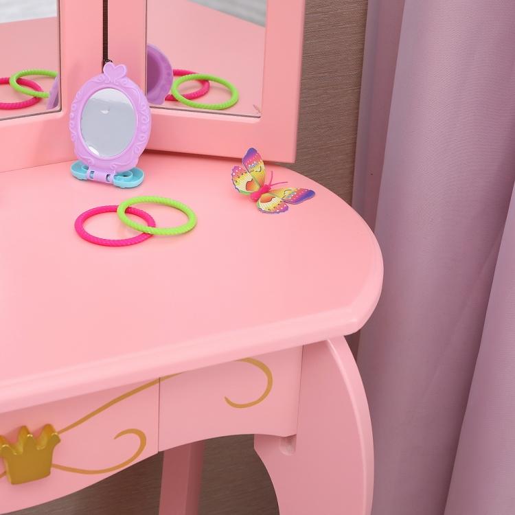 A ModernMazing Children Three Foldable Mirrors Curved Legs Single Drawer Dressing Table, Table Size vanity set with a mirror and stool.