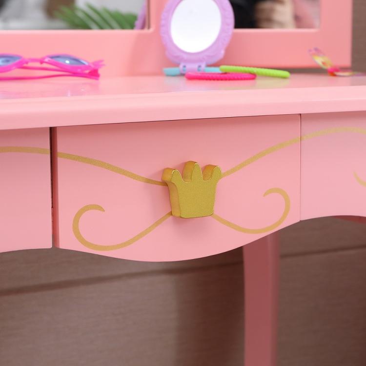 A ModernMazing Children Three Foldable Mirrors Curved Legs Single Drawer Dressing Table, Table Size vanity set with a mirror and stool.