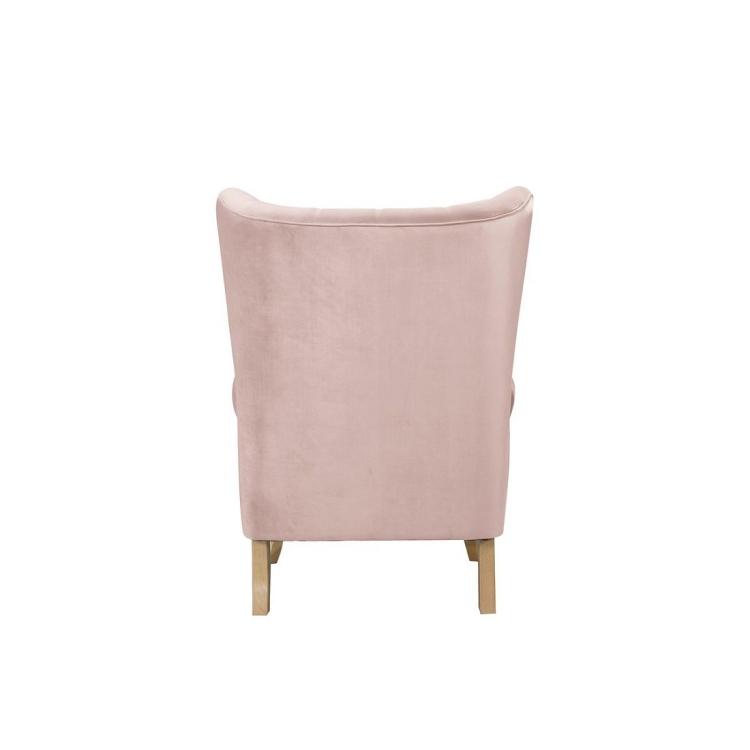 A pink Wooden Velvet Gaming Chair with wooden legs.