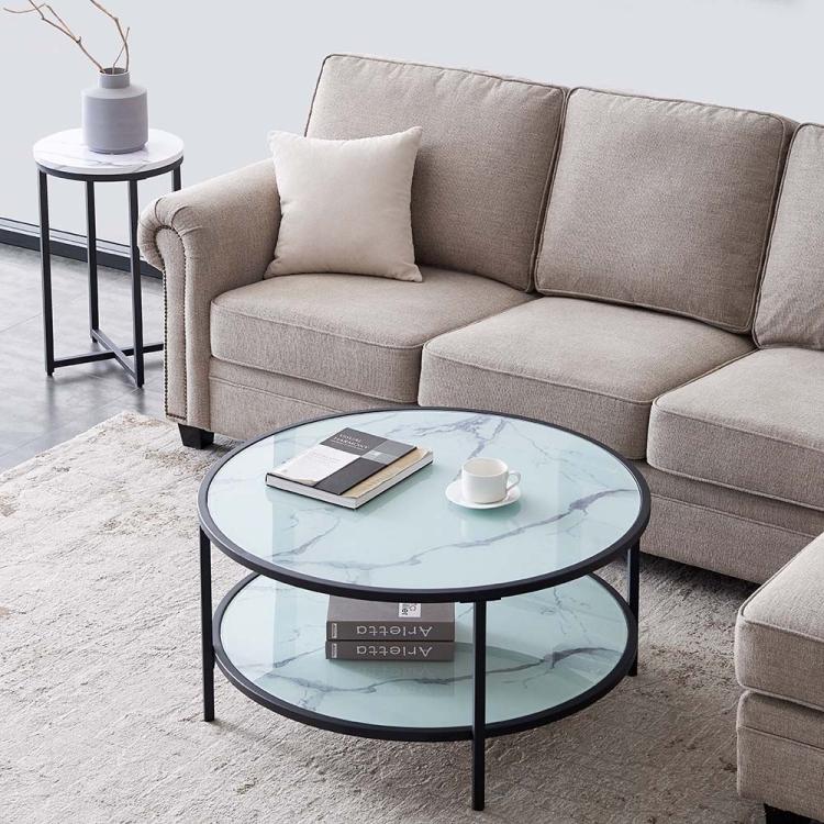 A Round Marble Coffee Table with Ppen Shelf, Size: 35.43 x 35.43 x in a living room.