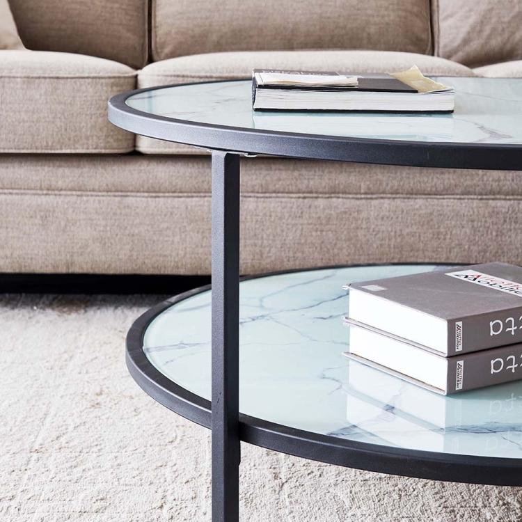 A Round Marble Coffee Table with Ppen Shelf, Size: 35.43 x 35.43 x in a living room.