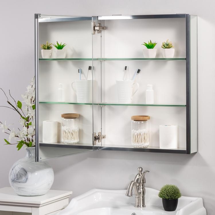 A bathroom with a ModernMazing Aluminum Wall-mounted Single Door Bathroom Mirror Cabinet with Adjustable Shelf, Size: 26 and a plant next to it.