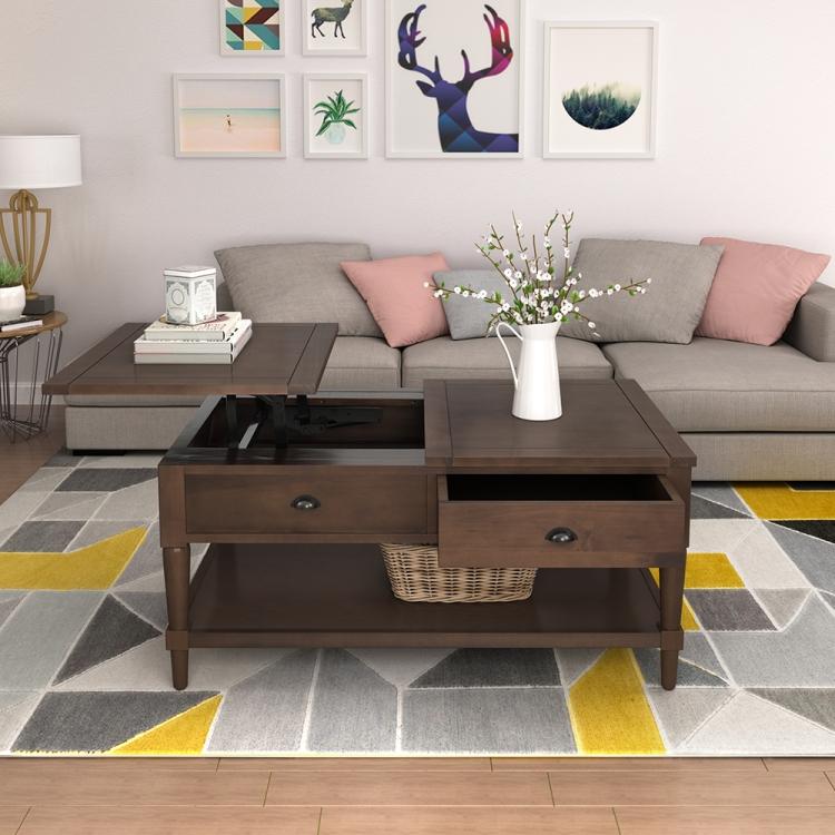 A living room with a Top Wood Liftable Coffee Table with Drawer & Shelf, Size: 38.2 x and a yellow rug.