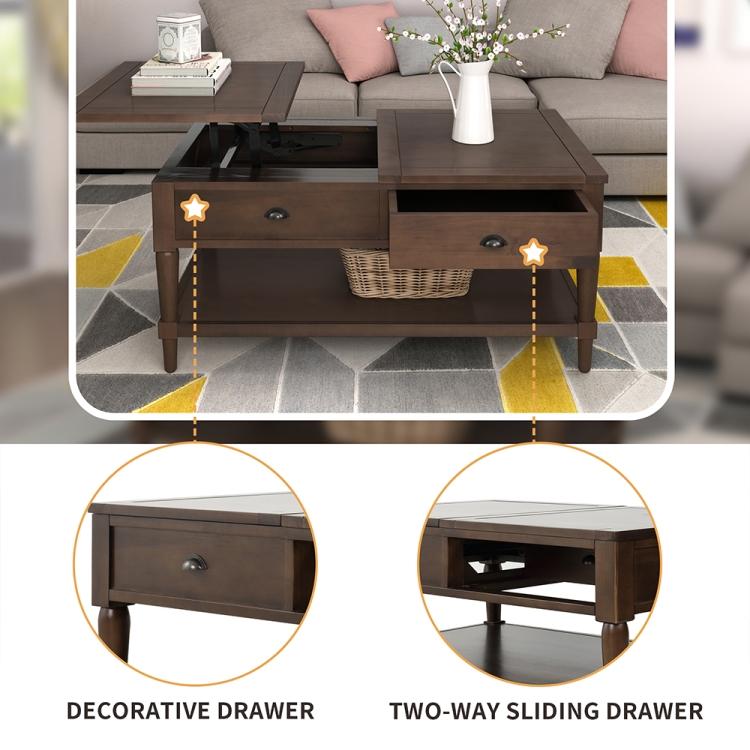 A living room with a Top Wood Liftable Coffee Table with Drawer & Shelf, Size: 38.2 x and a yellow rug.