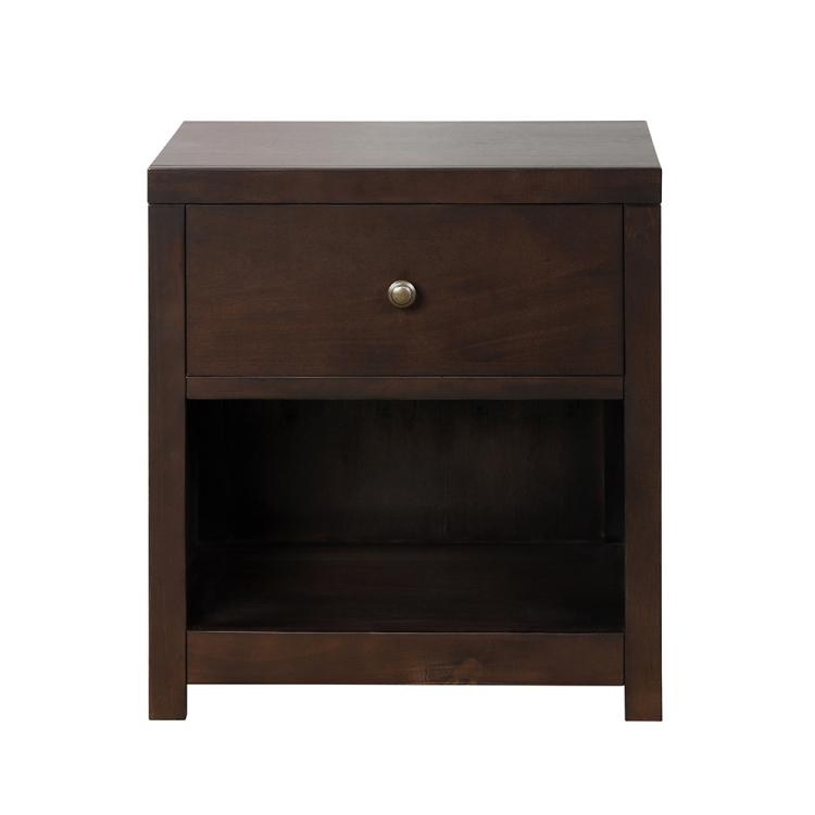 A ModernMazing Retro Solid Wood Bedside Table with Drawer & Open Shelf, Size: 25, with a lamp and nightstand.