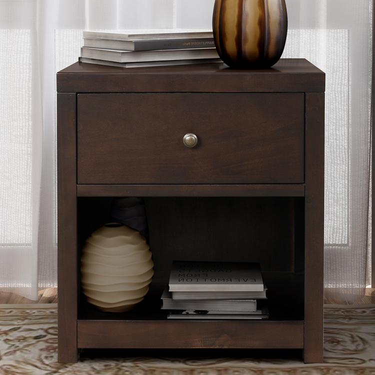 A ModernMazing Retro Solid Wood Bedside Table with Drawer & Open Shelf, Size: 25, with a lamp and nightstand.