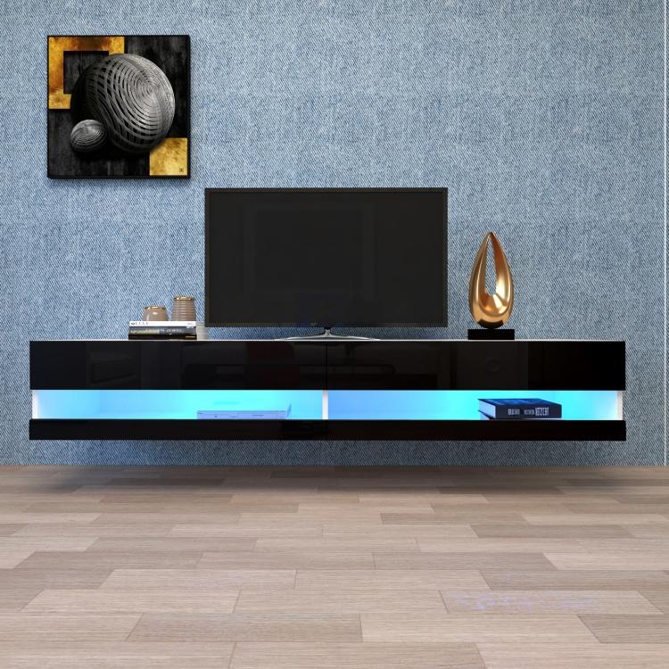 A ModernMazing Wall Mounted Floating TV Stand Cabinet with LED Light, Size: 70.9x16.5x11.8 inch(Black+MDF) with a blue led light.