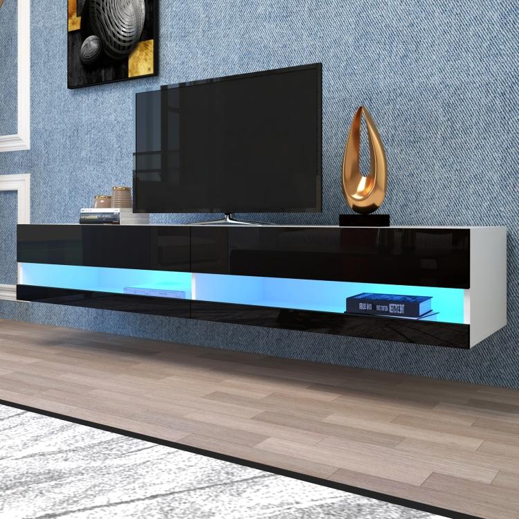 A ModernMazing Wall Mounted Floating TV Stand Cabinet with LED Light, Size: 70.9x16.5x11.8 inch(Black+MDF) with a blue led light.