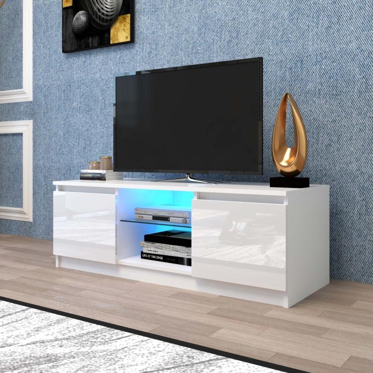 A Simpleness Creative Furniture High-Gloss TV Cabinet with LED Lights, Size: 47.24x15.75x15.75 inch(White) with blue led lights.
