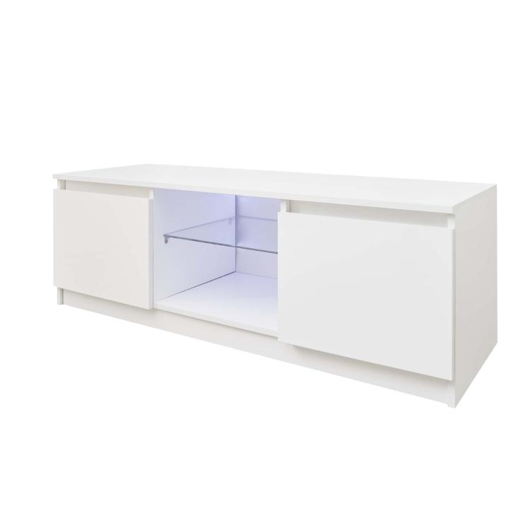 A Simpleness Creative Furniture High-Gloss TV Cabinet with LED Lights, Size: 47.24x15.75x15.75 inch(White) with blue led lights.