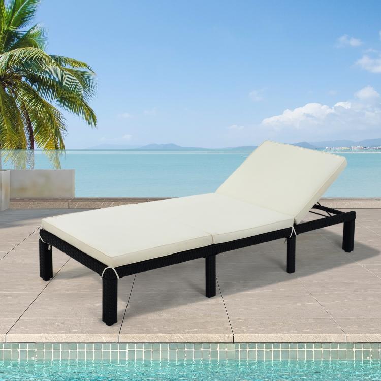 An Outdoor Patio Adjustable PE Rattan Wicker Chaise Lounge Chair (Beige) next to a pool.