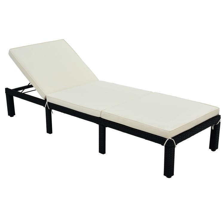 An Outdoor Patio Adjustable PE Rattan Wicker Chaise Lounge Chair (Beige) next to a pool.