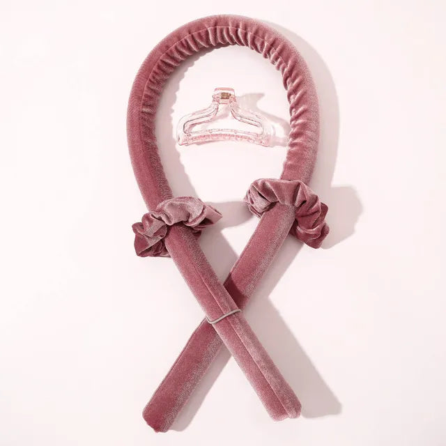 A woman's hair with salon-quality curls and the Velvet Dream Heatless Hair Curler tiara.