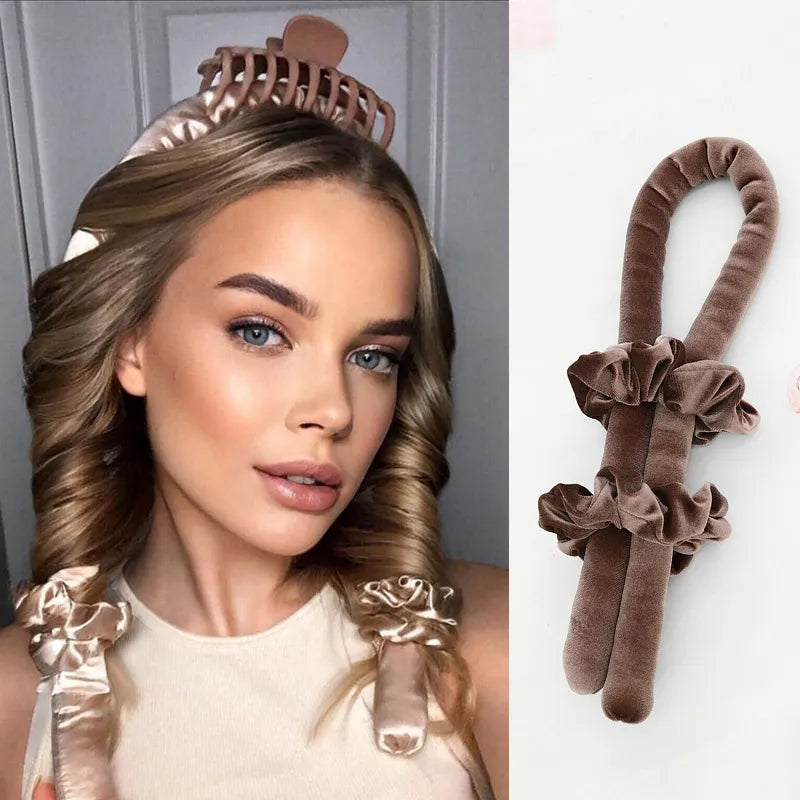 A woman's hair with salon-quality curls and the Velvet Dream Heatless Hair Curler tiara.