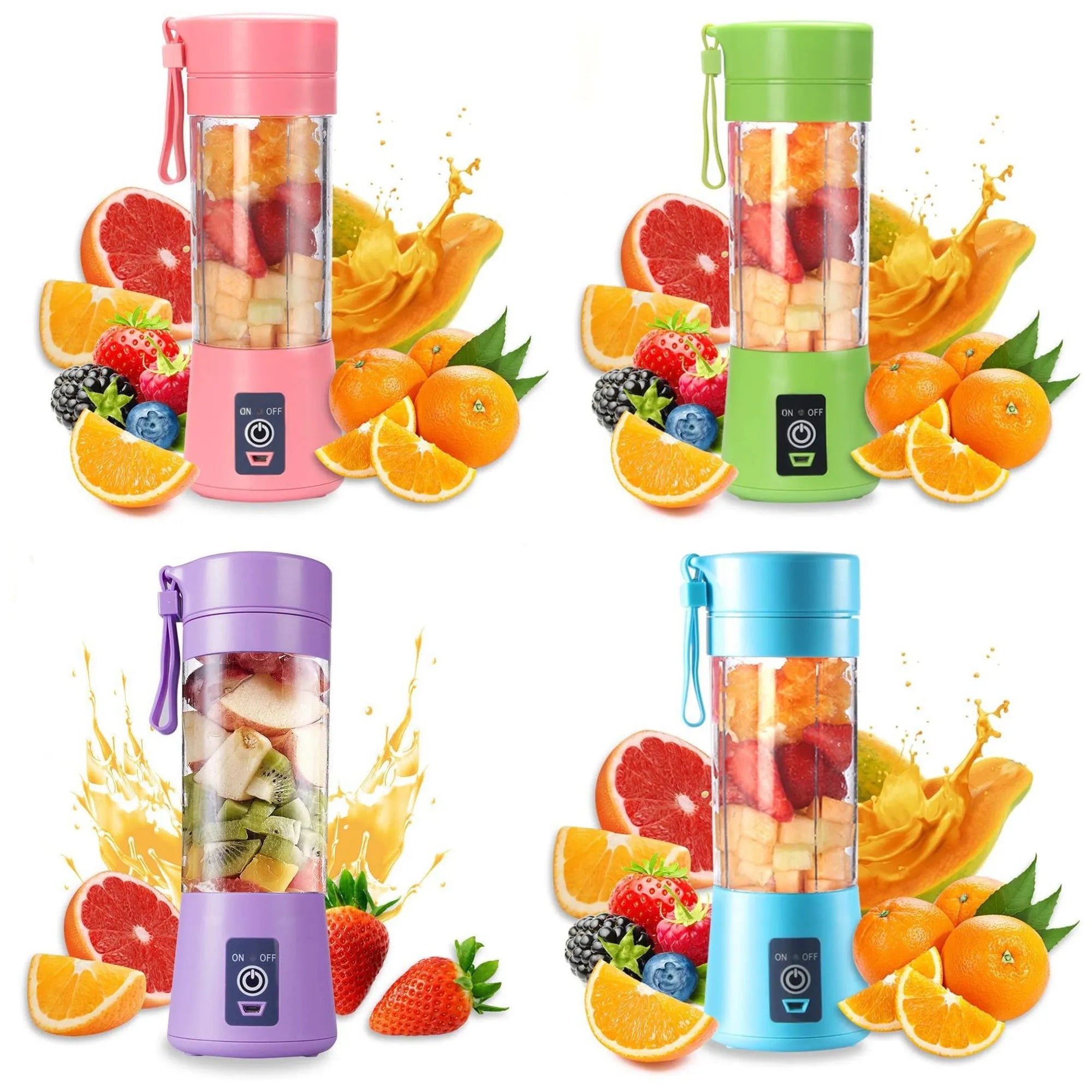Four SnapSqueeze: Your Mini Power-Juicer with fruit in them for anytime quench.