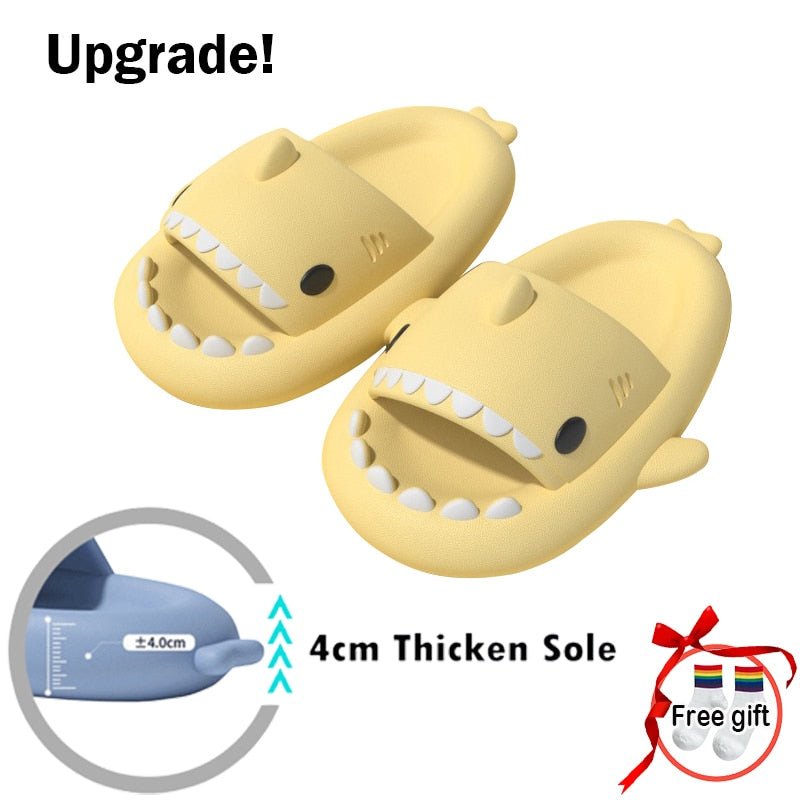 A pair of ModernMazing Premium Shark Slides - Super Soft, Comfy, Silent, & Anti-Slippery on a beach with palm trees.