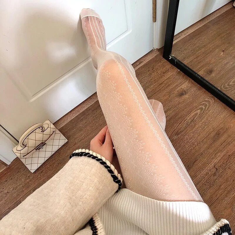 A woman with Lolita Elegance: Goth-Style Lace Stockings.