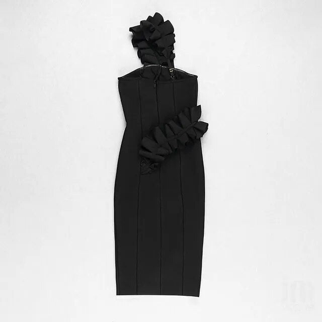 A woman wearing the Sultry Elegance: One-Shoulder Midi Bandage Dress with ruffled slits eligible for Returns and Money Back Guarantee.