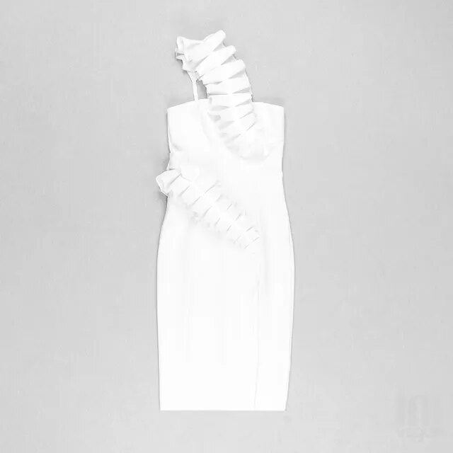 A woman wearing the Sultry Elegance: One-Shoulder Midi Bandage Dress with ruffled slits eligible for Returns and Money Back Guarantee.