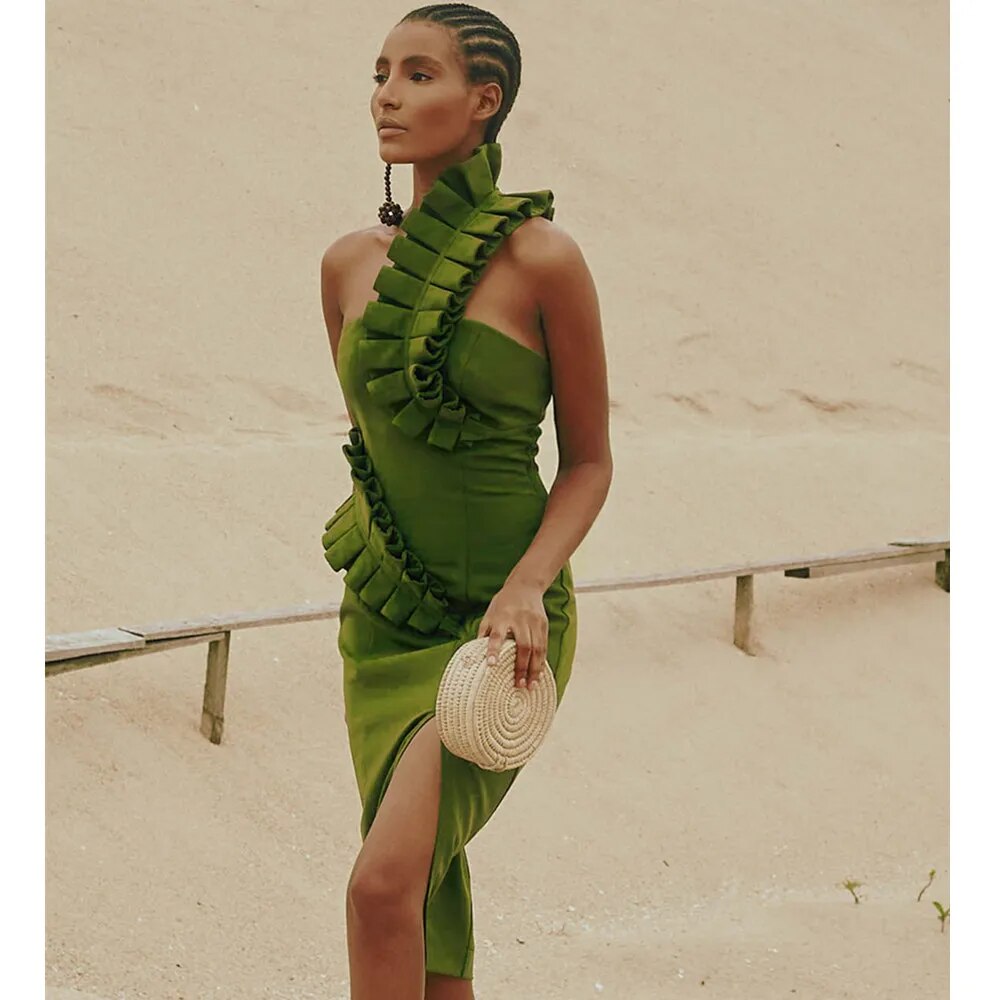 A woman wearing the Sultry Elegance: One-Shoulder Midi Bandage Dress with ruffled slits eligible for Returns and Money Back Guarantee.