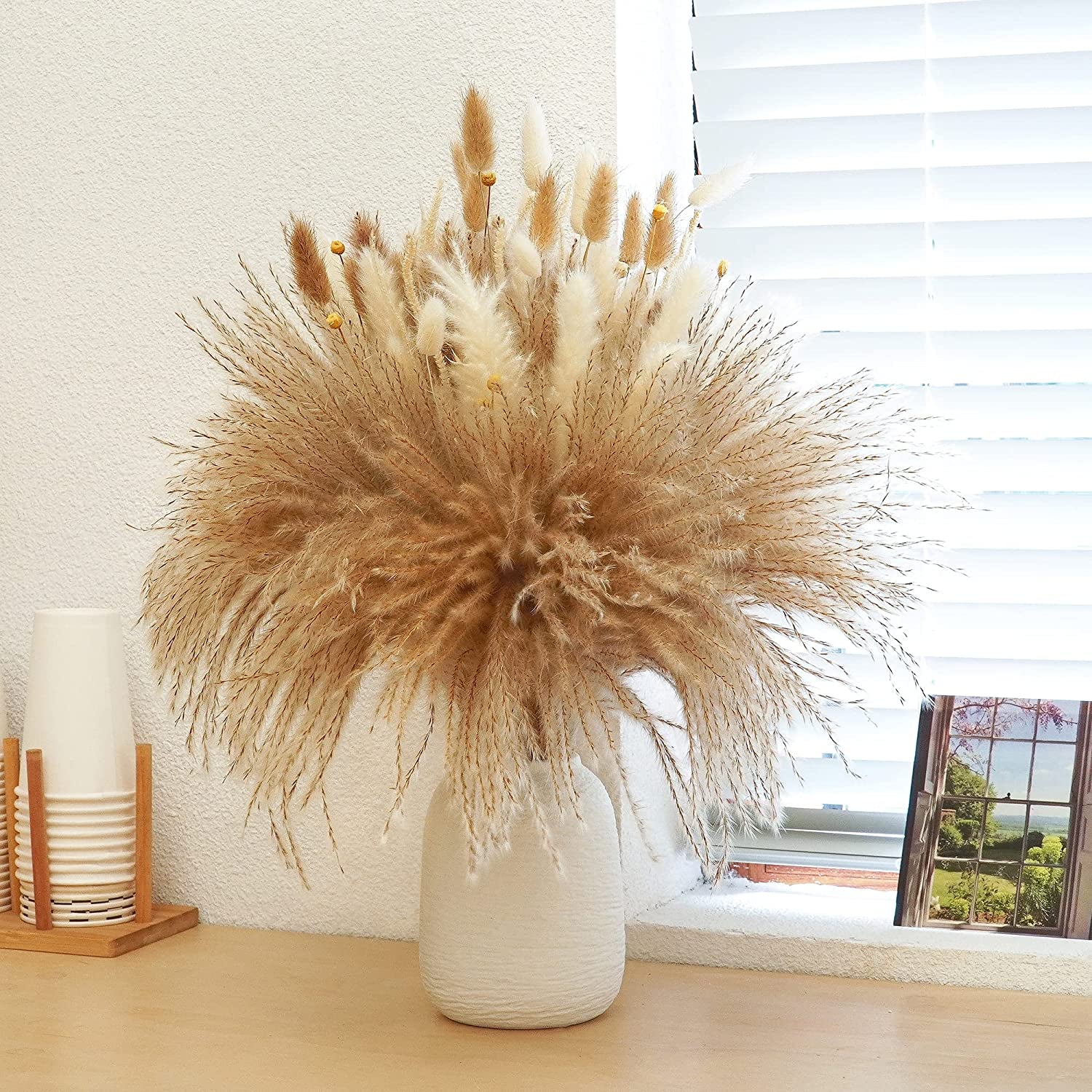 135Pcs Dried Pampas Grass Dried Flowers Home Decor Arrangement Plant Wedding Part Dried Flowers Decorations Natural Boho Pampas Grass Bouquet White Small Fluffy Reed Bunny Tails